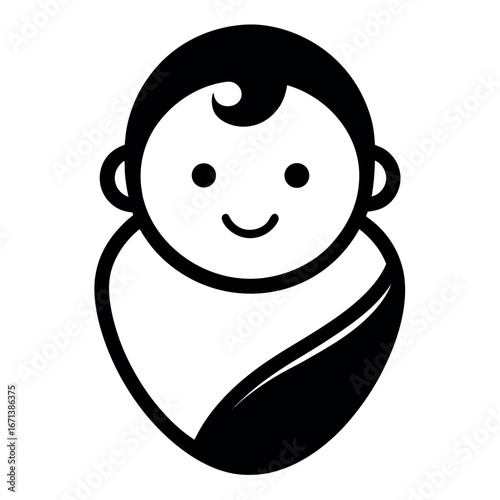 Black and White Icon of a Swaddled Baby with Smiling Face Illustration