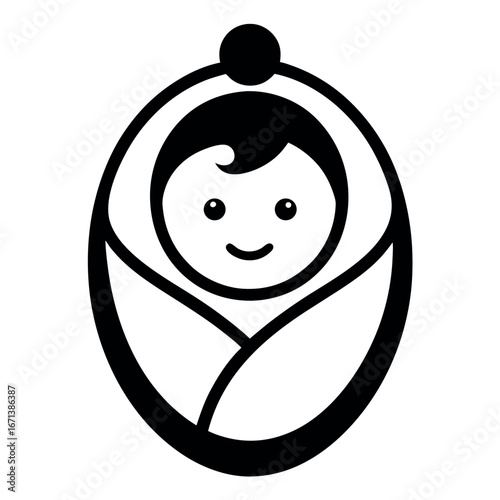 Black and White Illustration of a Smiling Newborn Baby in Swaddling Clothes