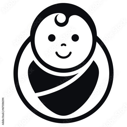 Black and White Illustration of Smiling Baby Wrapped in a Blanket, Logo Style