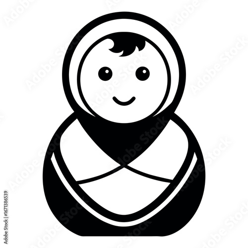 Stylized Black and White Russian Matryoshka Doll Illustration, Traditional Souvenir Design