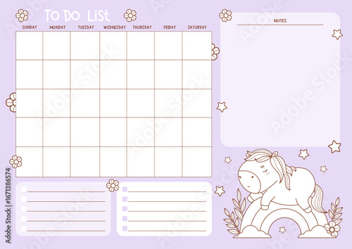 To do list. Outline Cute Sleepy Cartoon Horse on Rainbow. Organizer planner for grid Month, To-Do and Note. Kids horizontal Template with pony. Line drawing, coloring page. Vector illustration Not AI