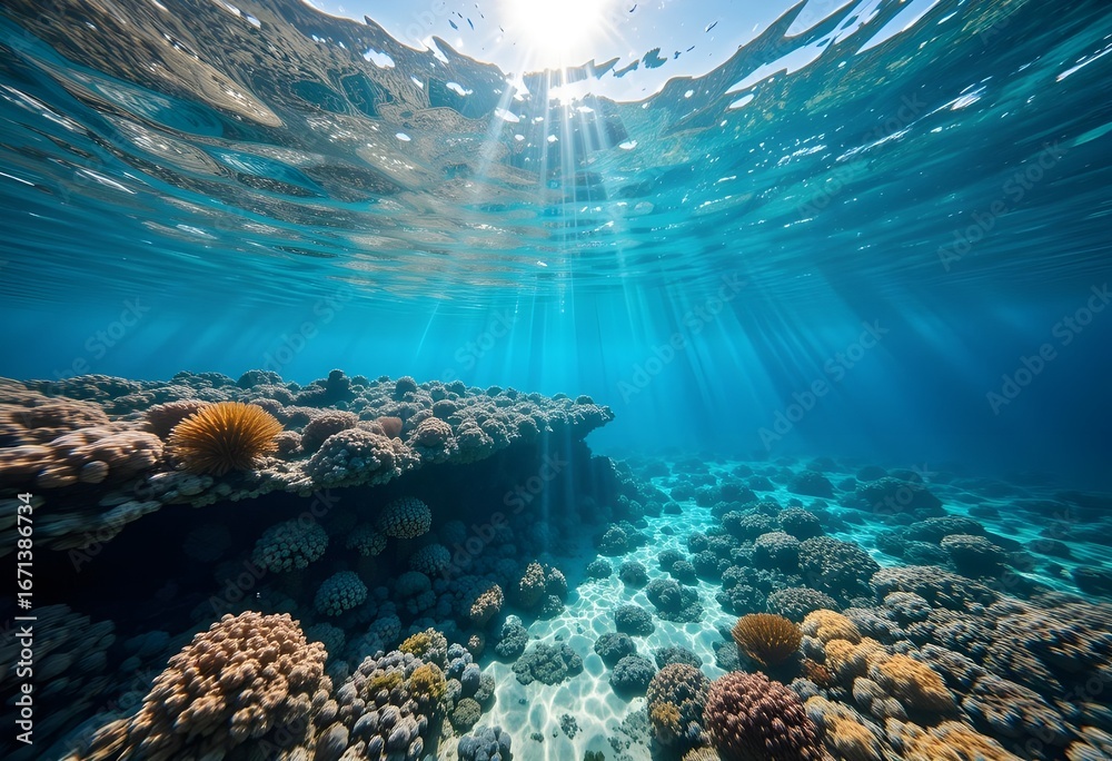 Fototapeta premium Sunlit Underwater Rocks and Reef with Light Rays