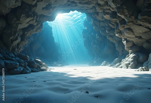 Serene Light Beams in an Underwater Cave