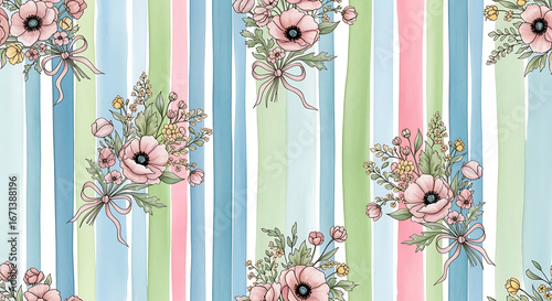 Floral bouquets with bows on pastel stripes seamless pattern design