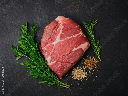 Raw Chuck Roast with Rosemary and Spices on Dark Background, Ready for Cooking.