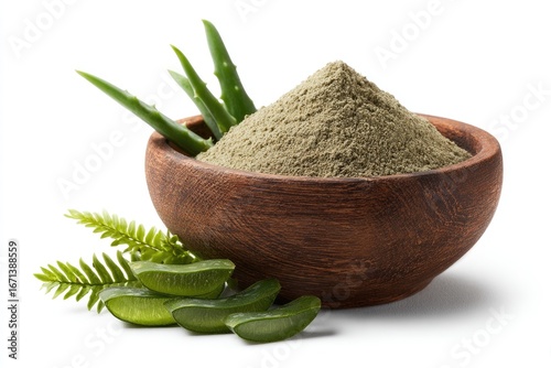 Light beige powder in wooden bowl, surrounded by aloe vera leaves and sprigs