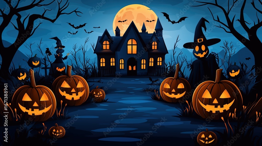 Fototapeta premium Cartoon Halloween Banner Background with Haunted House, Pumpkins and Witch, Digital art Illustration for Poster Greeting Card.