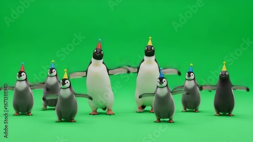 Wallpaper Mural Animated penguins, wearing party hats, are joyfully dancing on a green screen background. Torontodigital.ca