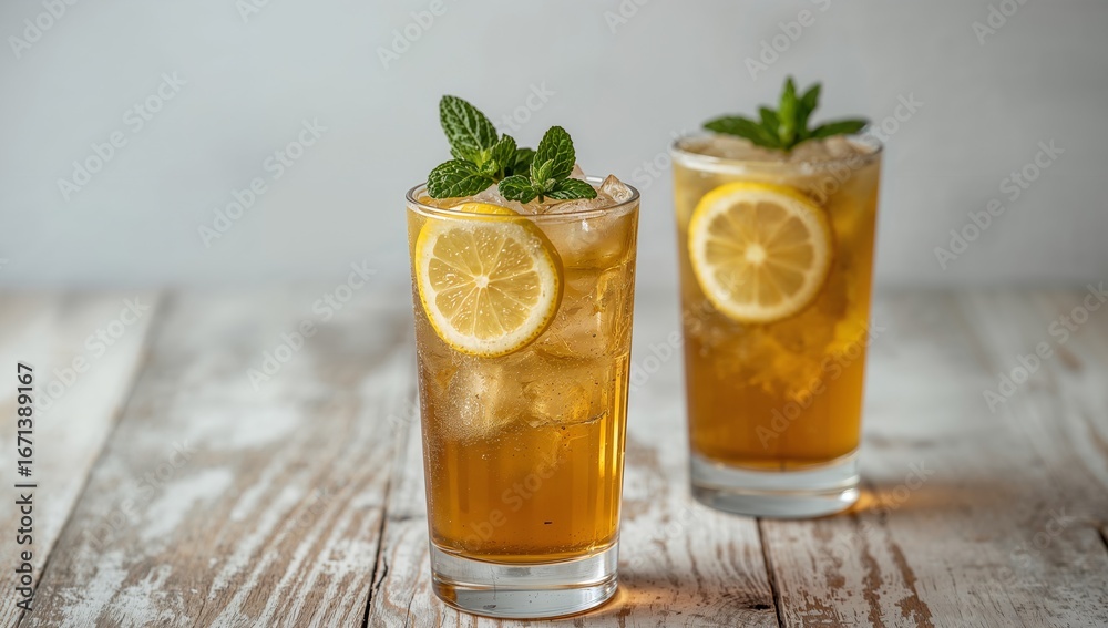 Fototapeta premium Refreshing Iced Tea with Lemon and Mint, Perfect for a Hot Summer Day.