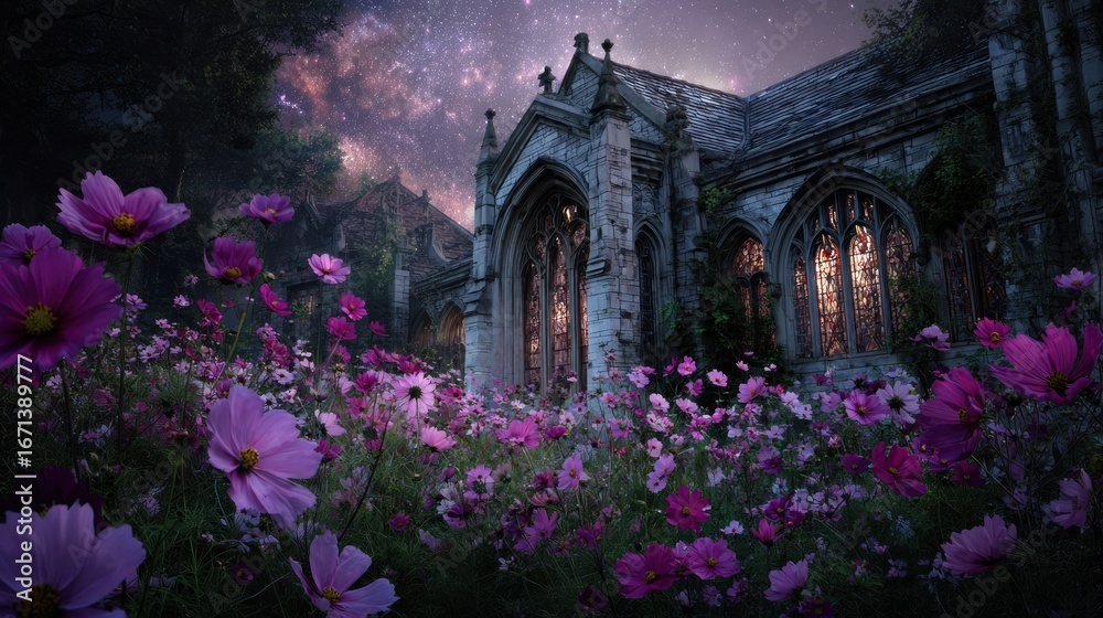 Fototapeta premium Antique church amidst cosmos flowers at night