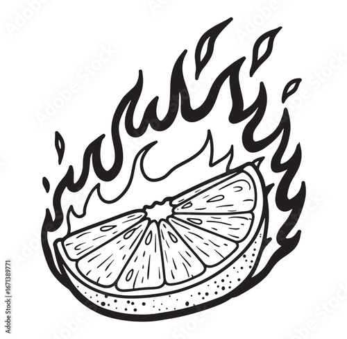 Bold black and white illustration of burning citrus fruit with detailed design