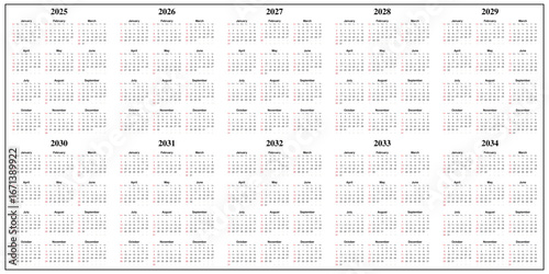Minimalist 10-Year Calendar 2025, 2026, 2027, 2028, 2029, 2030, 2031, 2032, 2033, 2034 with Sunday Start – Monochrome Decade Planner for Long-Term Scheduling, Organization, and Time Management