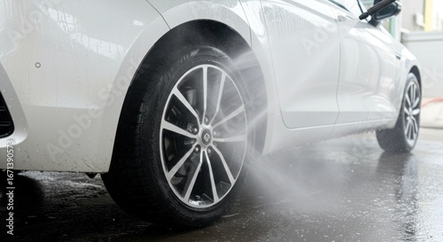 A close-up view of a white car being cleaned with high-pressure water, focusing on a tire.