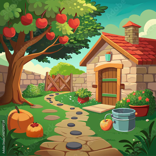 Charming cartoon garden scene with apple tree and stone shed