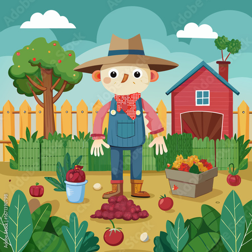 Happy farmer standing in a garden with harvested crops and red barn