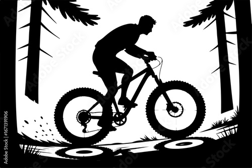 Mountain Biker on Suspension Bridge Silhouette" vector bundle