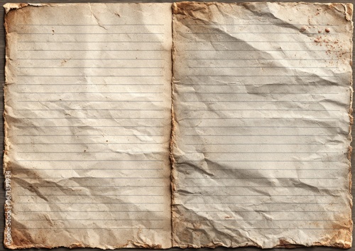 Open, aged notebook pages, wrinkled and stained