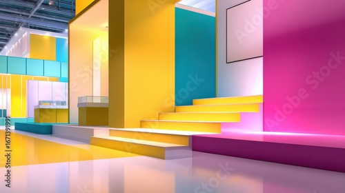 Vibrant exhibition space with colorful walls, stairs, and displays, showcasing a modern design atmosphere