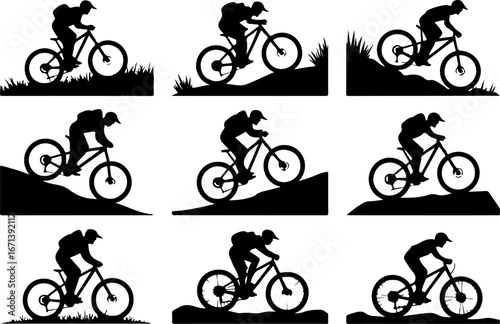 Mountain Biker on Suspension Bridge Silhouette" vector bundle