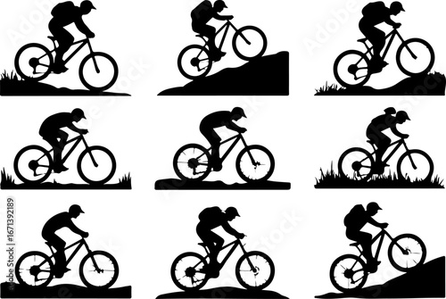 Mountain Biker on Suspension Bridge Silhouette" Vector