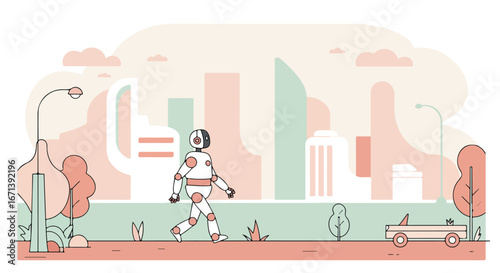 Robot strolling in city park