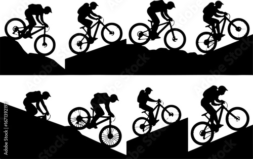 Mountain Biker on Suspension Bridge Silhouette" Vector