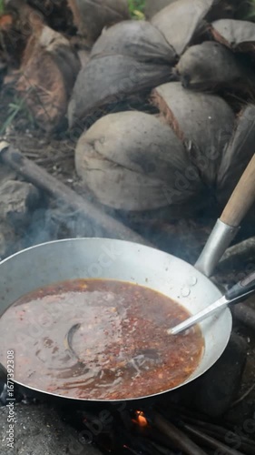 Indonesian woman preparing seblak over charcoal fire in a bamboo saung near rice fields. Traditional cooking method and countryside atmosphere.