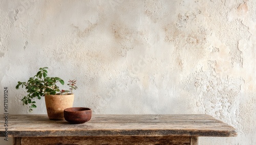 Rustic wooden table, plants, bowl, textured wall background; interior design mockup