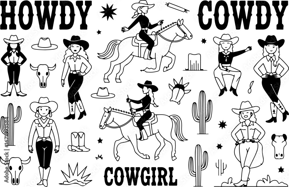 Obraz premium Cowgirl and Equestrian Horse Silhouettes