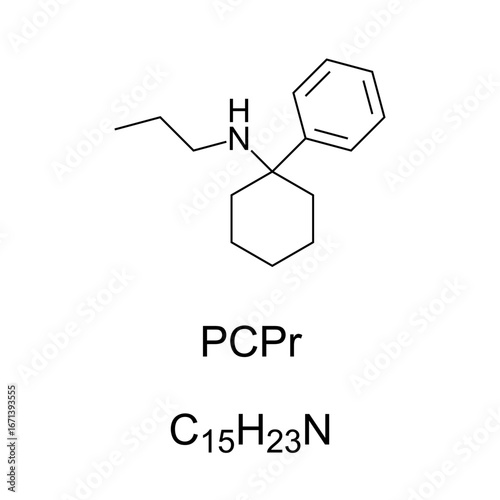 PCPr, chemical formula and molecular structure. Anesthetic drug with hallucinogenic and stimulant effects, been sold as a designer drug in Germany and other European countries since the late 1990s.