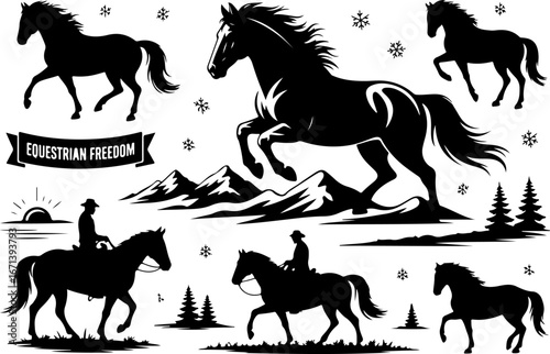 Cowgirl and Equestrian Horse Silhouettes"
