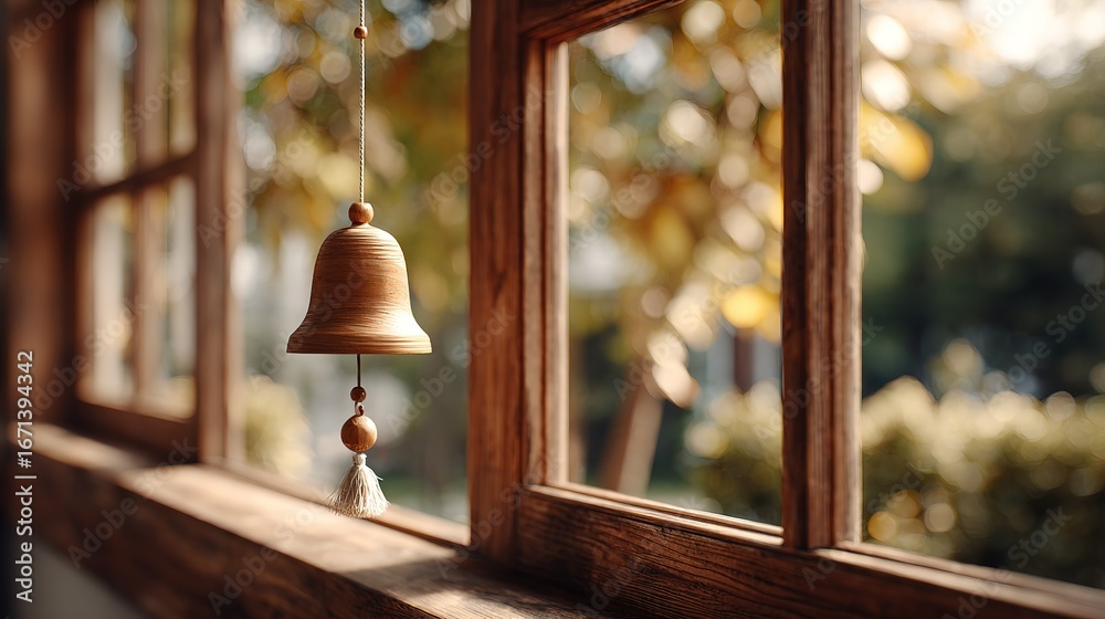 Fototapeta premium light brown terracotta bell with white tassel hangs from string inside wooden window frame with blurred outdoor scene in background
