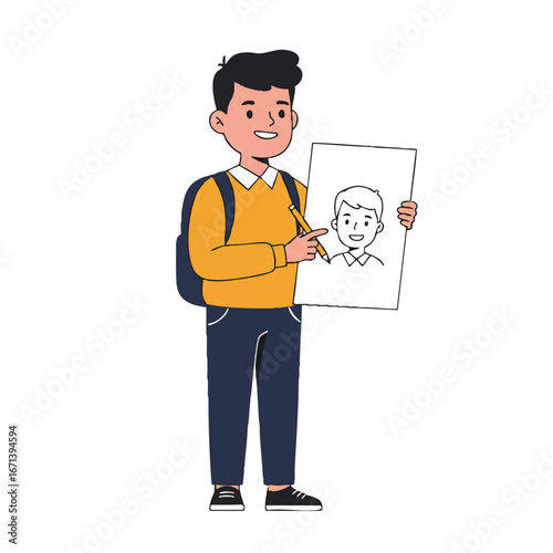 A proud school boy happily presents his colorful finished drawing, a cheerful 2D flat vector illustration with clean lines and solid colors, isolated on a white background.