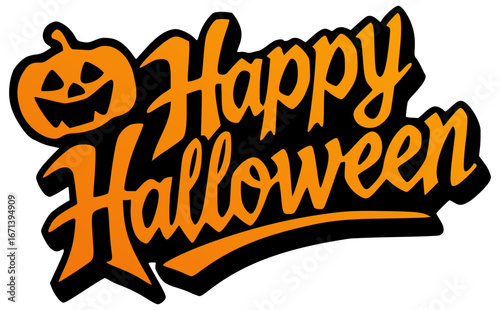 graffiti style orange text happy halloween with a halloween pumpkin, logo sticker with jack-o-lantern, isolated vector art, transparent background,	
