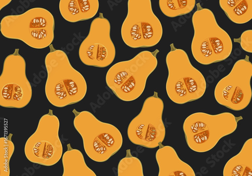 Vibrant butternut squash halves create a cheerful, organic pattern on a dark background