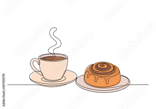 Warm steaming coffee cup and delicious cinnamon roll on saucer, inviting morning treat
