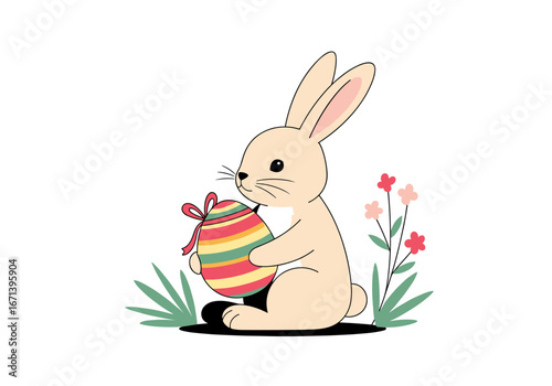 Adorable bunny cradles colorful striped Easter egg adorned with ribbon, surrounded by spring flowers and grass
