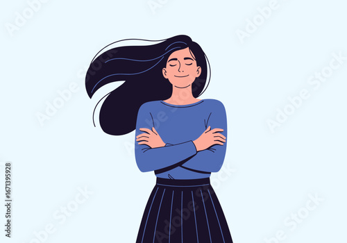 Woman embracing confidence and self-love with arms crossed and eyes closed peacefully