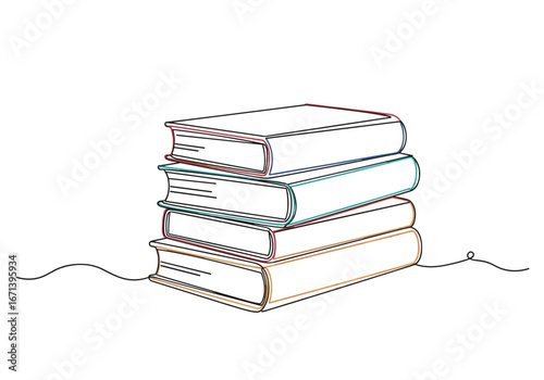 Stack of colorful books, minimalist single line art, perfect for education, learning, and literary themes.