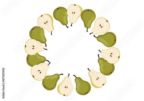 Fresh green pears arranged in a decorative circular border for healthy food and beverage designs