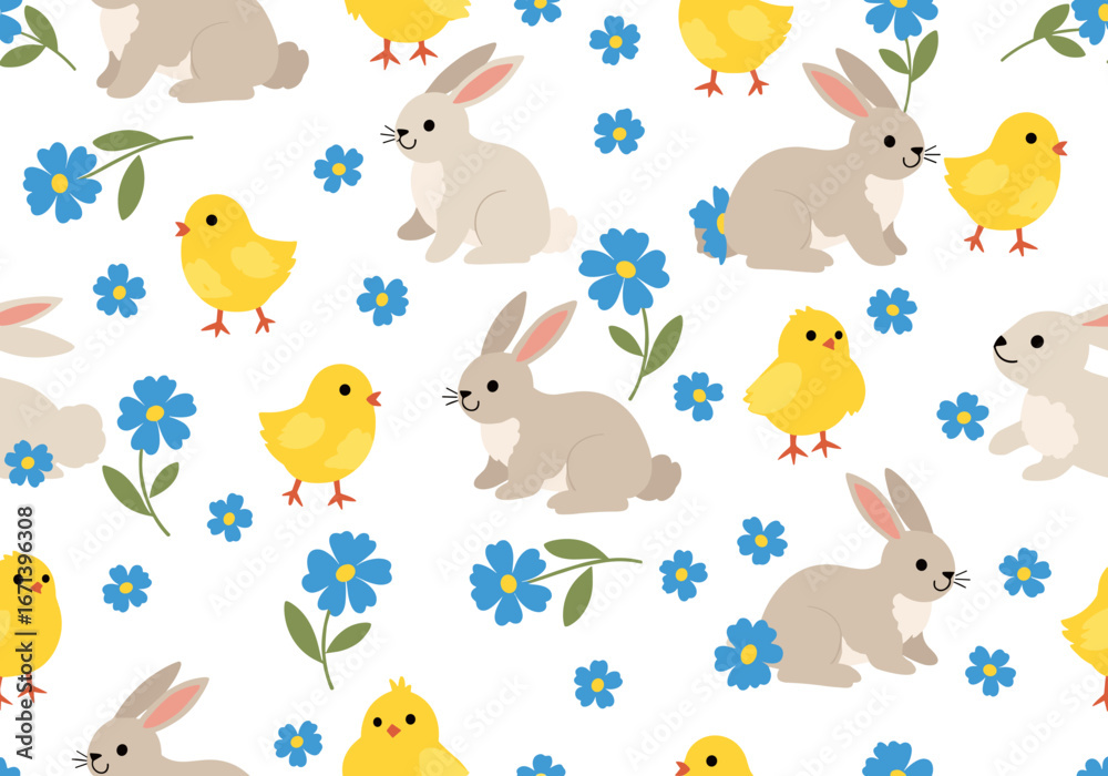 Obraz premium Charming Easter bunnies and chicks playfully hop among blooming blue flowers for a festive, joyful pattern