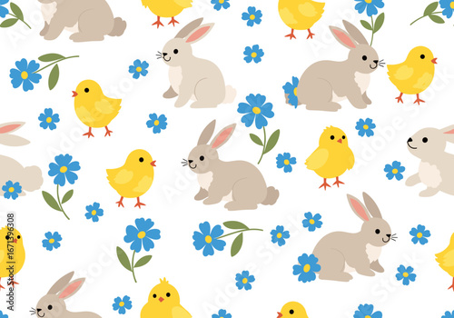 Charming Easter bunnies and chicks playfully hop among blooming blue flowers for a festive, joyful pattern