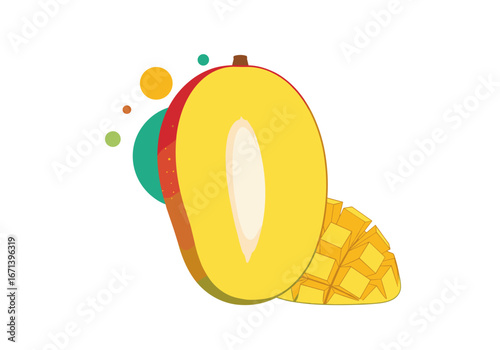 Juicy mango half and diced cubes with vibrant abstract circles, perfect for healthy eating promotions