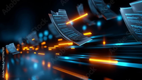 Digital ai automation accounting with flying data sheets, glowing lines, document transfer, and technology speeding data flow
