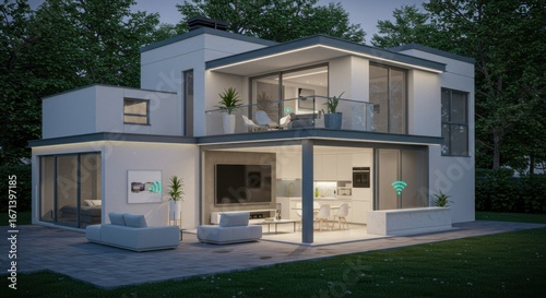 a modern and luxurious two-story house, designed with clean lines and large glass windows