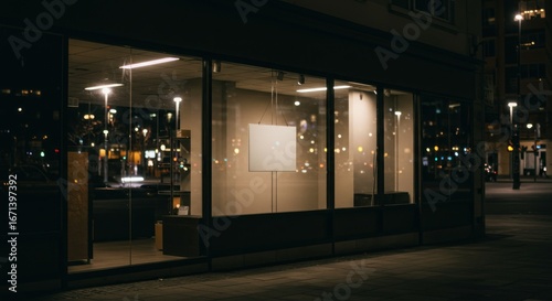 A nighttime view of a storefront with illuminated interior and reflections.