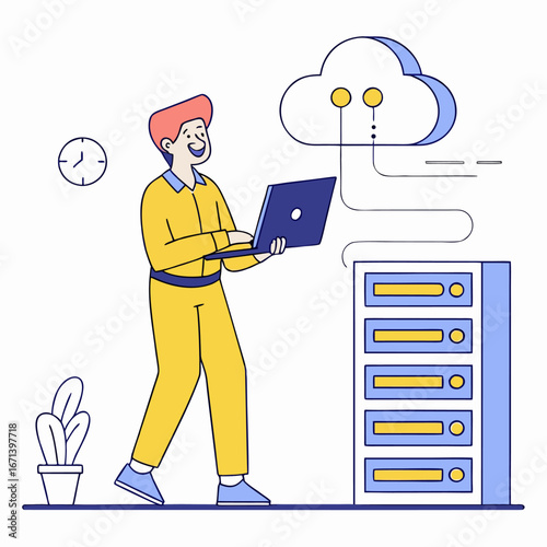 Cartoon Man Using Laptop with Cloud Computing and Data Server Illustration