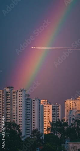 Rainbow over city buildings, airplane contrail