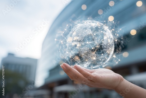 A hand holds a holographic globe, network connections visible, cityscape background