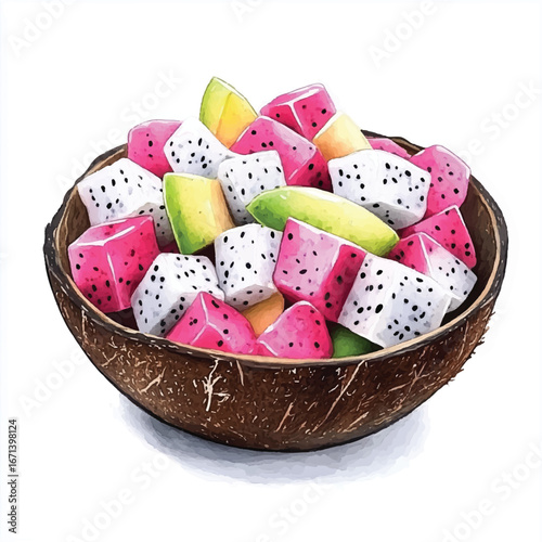 a cute Fresh dragon fruit salad in a coconut shell